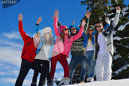 Image of winter fun with young people group