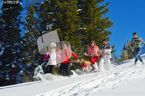 Image of winter fun with young people group