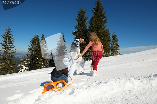Image of family having fun on fresh snow at winter