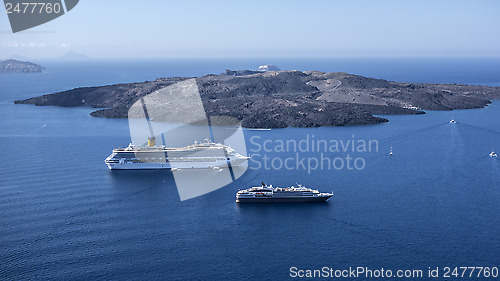 Image of  volcanic island and  cruise ships