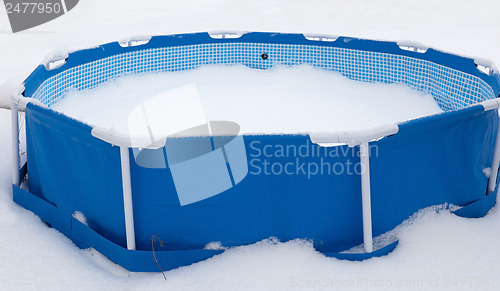 Image of Abandoned swimming pool at winter, surrounded with snow