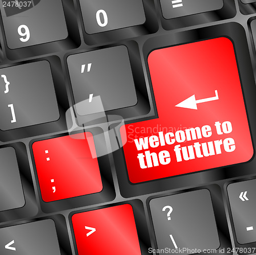 Image of welcome to the future text on laptop keyboard key