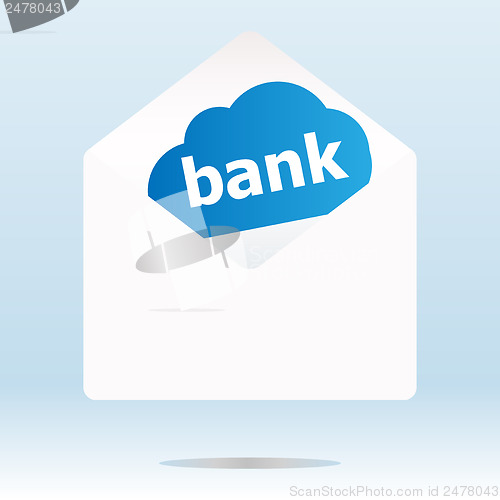 Image of bank word on blue cloud, paper mail envelope