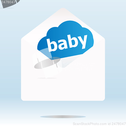 Image of baby word blue cloud on white mail envelope
