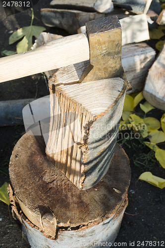 Image of Ax chopping wood on chopping block