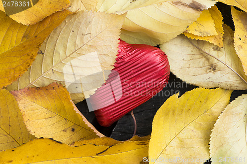 Image of Red wrapped heart and autumn leafs