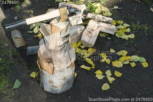 Image of Ax chopping wood on chopping block