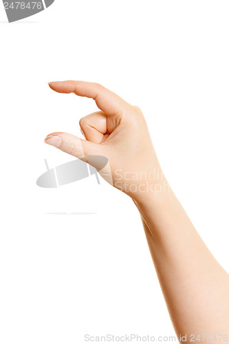 Image of Woman's hand holding something on a white