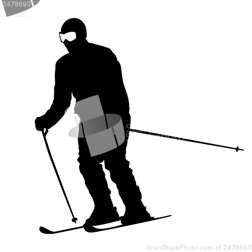 Image of Mountain skier  speeding down slope. Vector sport silhouette.