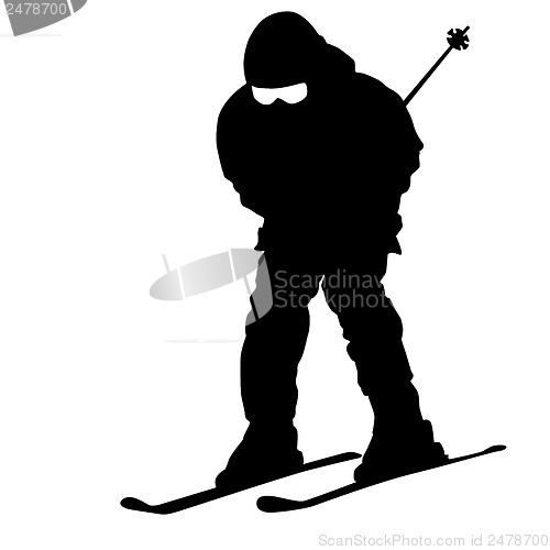 Image of Mountain skier  speeding down slope. Vector sport silhouette.