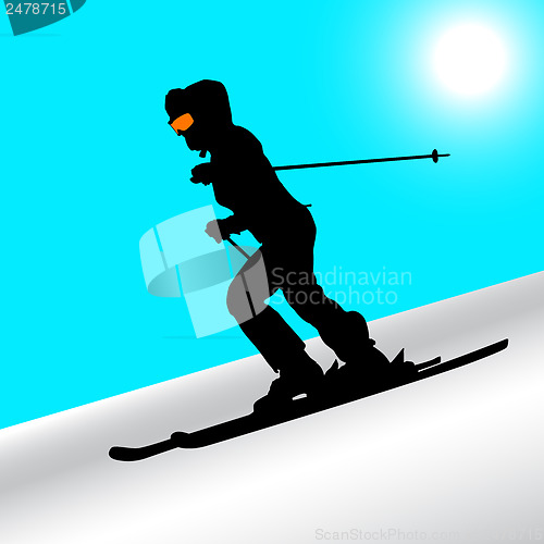 Image of Mountain skier  speeding down slope. Vector sport silhouette.