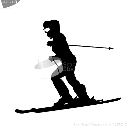 Image of Mountain skier  speeding down slope. Vector sport silhouette.