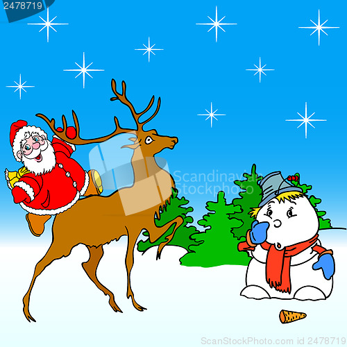 Image of santa claus rides on deer and snowman