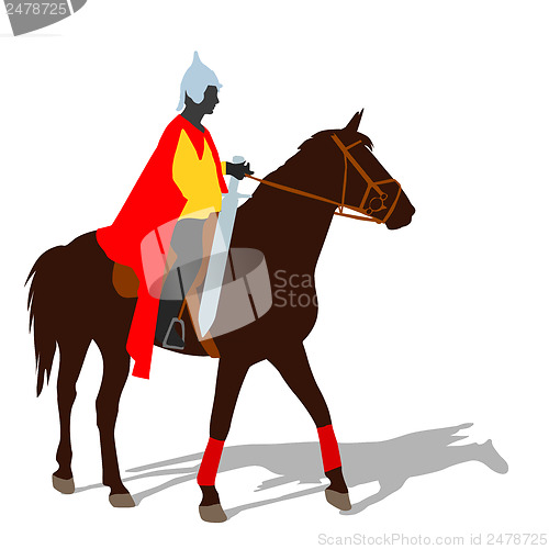 Image of Rider on a horse in clothing warrior with a sword and wearing a 