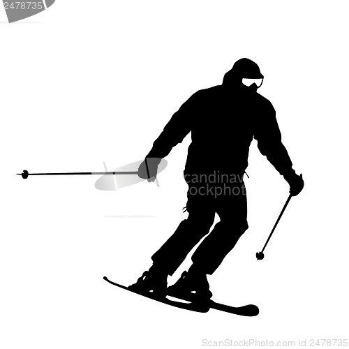 Image of Mountain skier  speeding down slope. Vector sport silhouette.