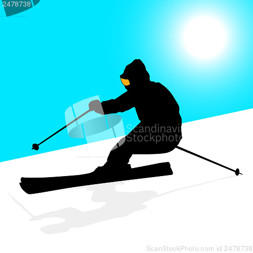 Image of Mountain skier  speeding down slope. Vector sport silhouette.