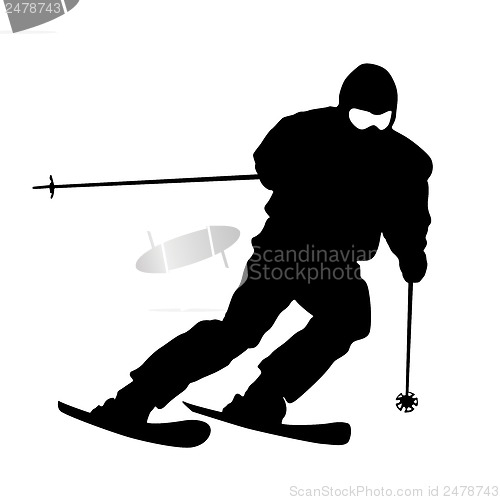 Image of Mountain skier  speeding down slope. Vector sport silhouette.