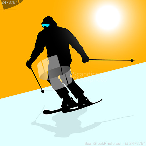 Image of Mountain skier  speeding down slope. Vector sport silhouette.