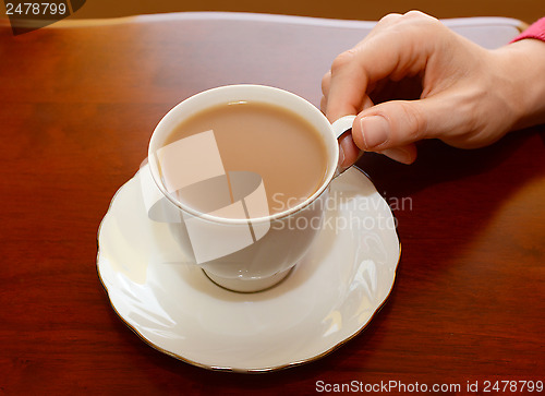 Image of Woman picking up a cup of tea from a table