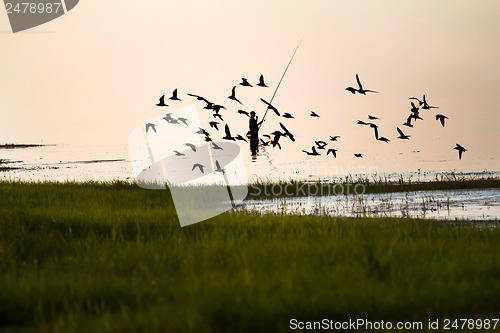 Image of Fisherman silhouette on the lake