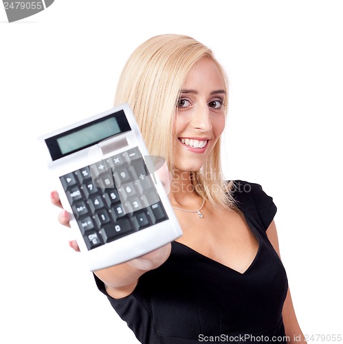 Image of attractive smiling business woman with calculator isolated