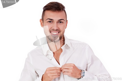 Image of young businessman smiling white shirt isolated