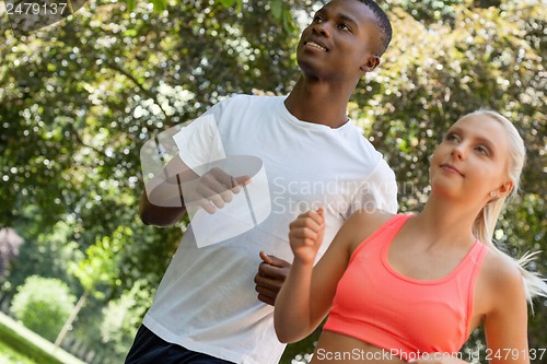 Image of young couple runner jogger in park outdoor summer