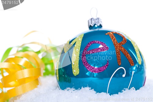 Image of christmas decoration baubles in blue and turquoise isolated