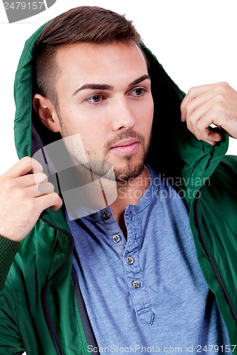 Image of young adult man with green jacket portrait isolated