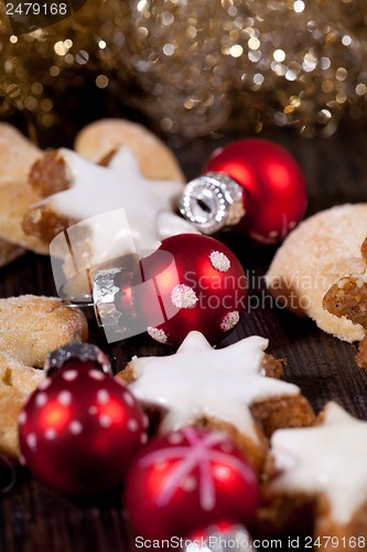 Image of fresh tasty christmas cinnamon cookies and sticks decoration 