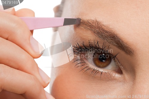 Image of youtg beautiful woman eyebrow plucking tweezers eyes hair 