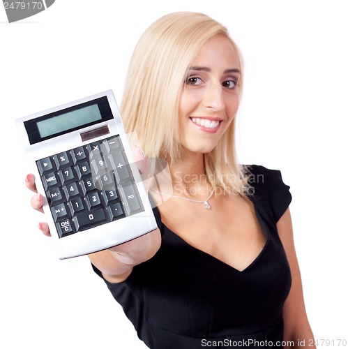 Image of attractive smiling business woman with calculator isolated