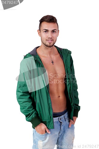 Image of young adult man with green jacket portrait isolated
