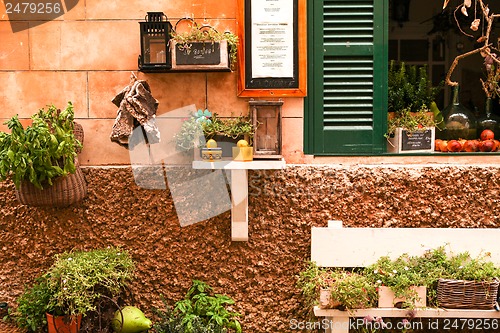 Image of fresh green different herbs and flowers on window outdoor 