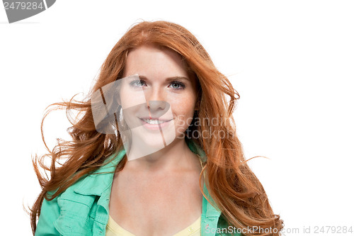 Image of young smiling redhead woman portrait isolated expression 