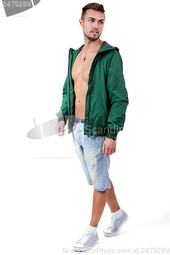 Image of young adult man with green jacket portrait isolated