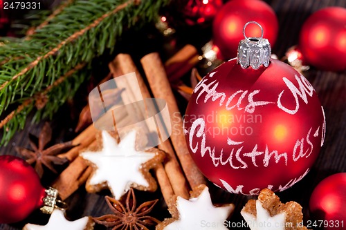 Image of fresh tasty christmas cinnamon cookies and sticks decoration 