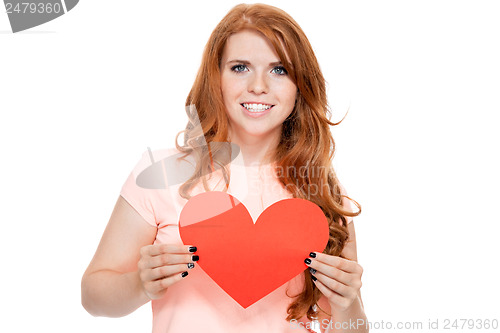 Image of smiling young woman and red heart love valentines day 