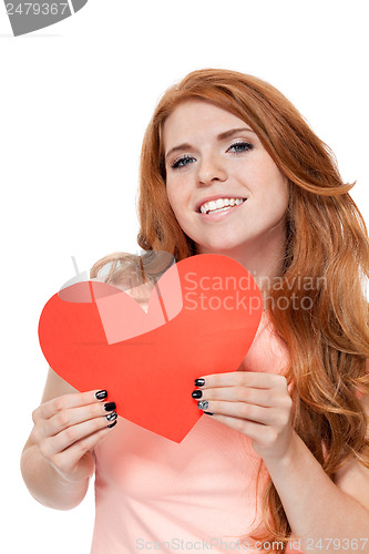 Image of smiling young woman and red heart love valentines day