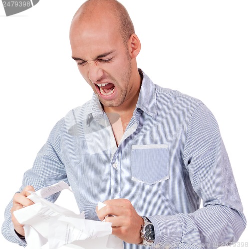 Image of businessman angry expression paperwork isolated