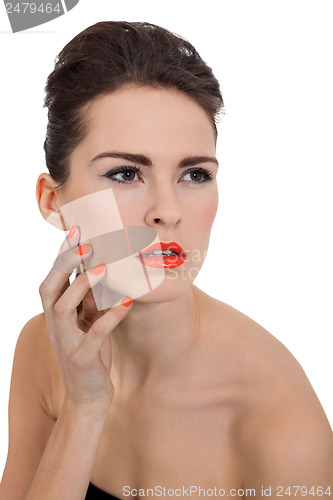 Image of perfect beauty woman face with orange lips isolated