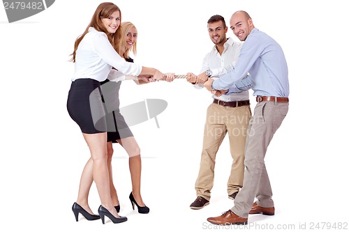 Image of business woman against businessman pulling rope isolated