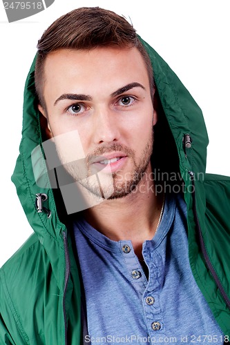 Image of young adult man with green jacket portrait isolated