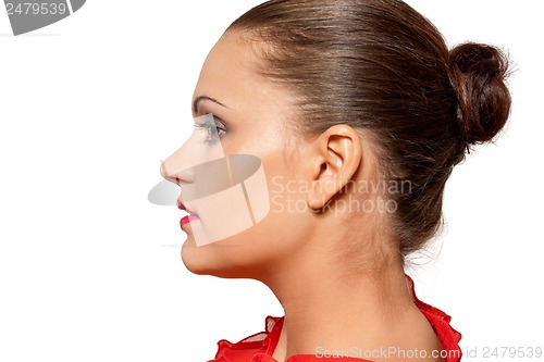 Image of beautiful young woman with perfect skin and red lips makeup
