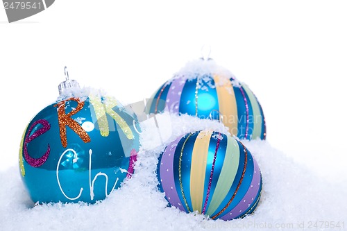 Image of christmas decoration baubles in blue and turquoise isolated