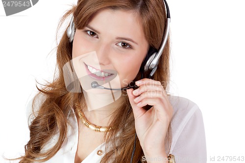 Image of smiling business woman callcenter agent operator isolated portrait