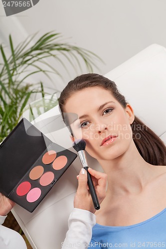 Image of apllying powder rouge make up on face portrait