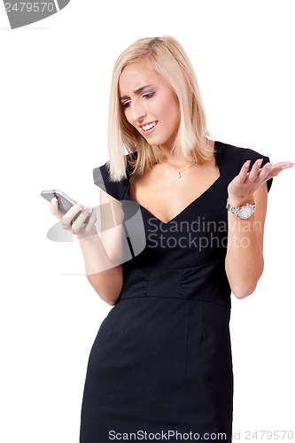 Image of attractive young business woman with smartphone mobile