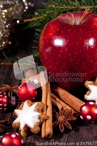 Image of fresh tasty christmas cinnamon cookies and sticks decoration 