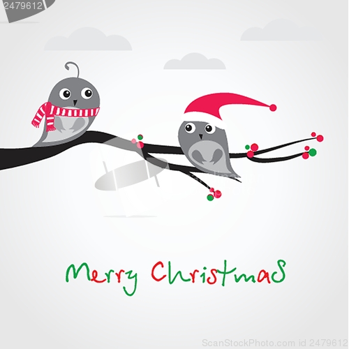 Image of Christmas greeting card with birds on the tree branch